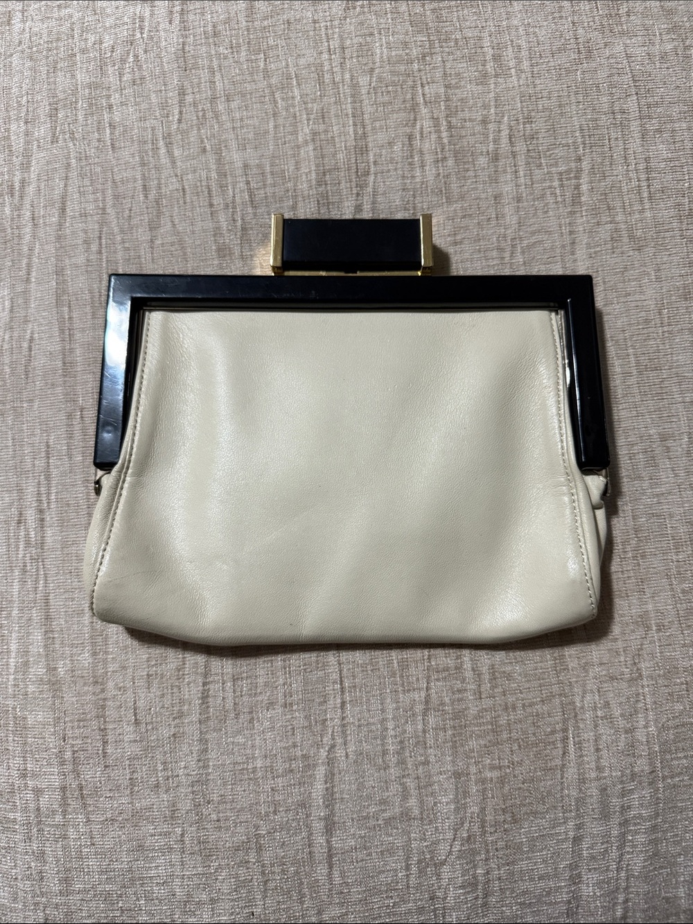 Cream Leather Frame Clutch with Black Trim